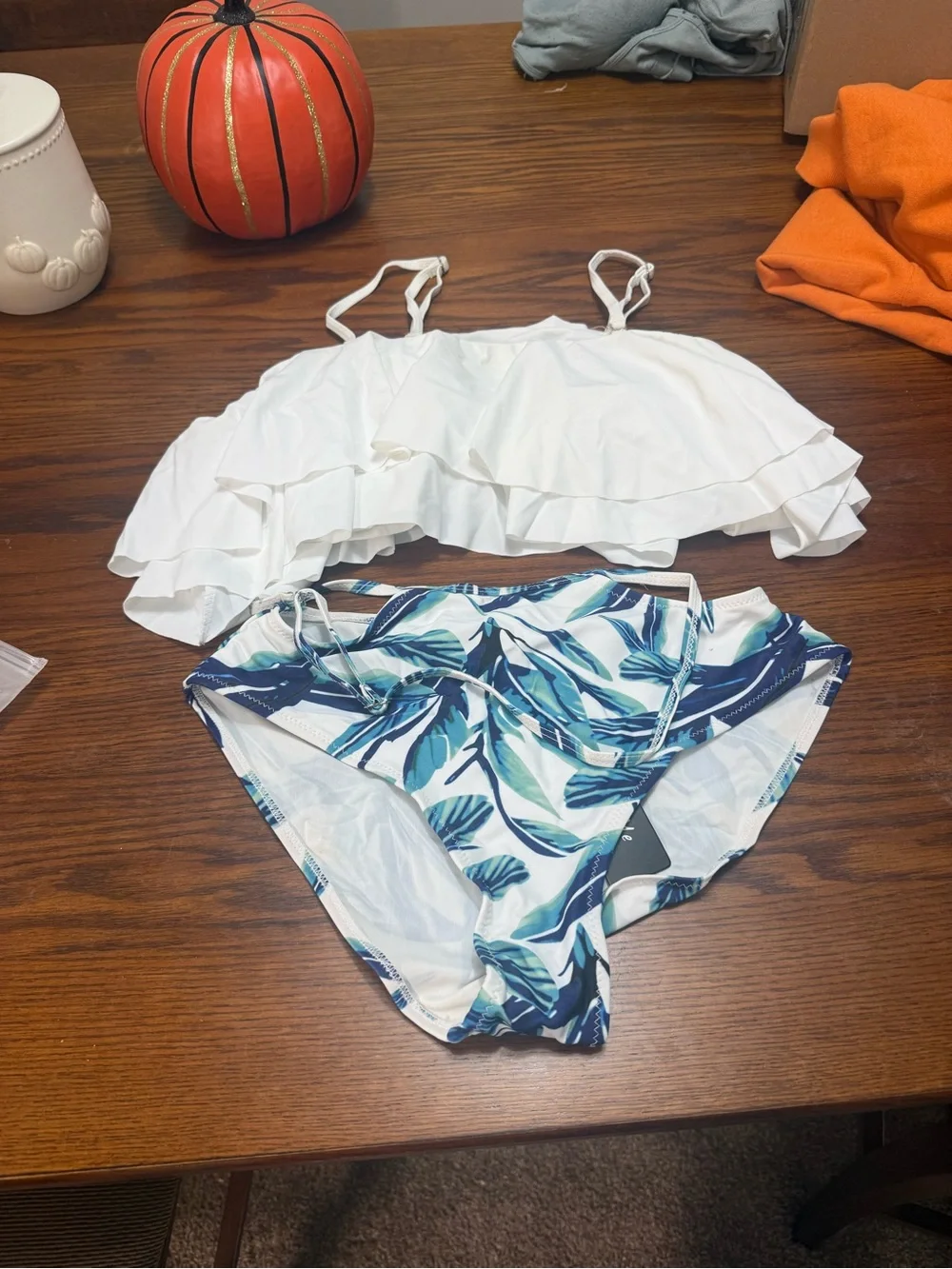 Women's White Ruffle Bikini Top with Blue Leaf-Print Bottom